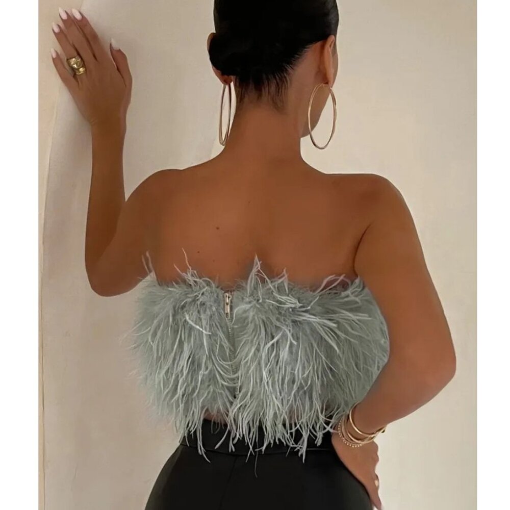💥CHIC & SEXY💥ROARING 20's VIBE 100% OSTRICH FEATHER TOP in GRAY - Picture 4 of 11